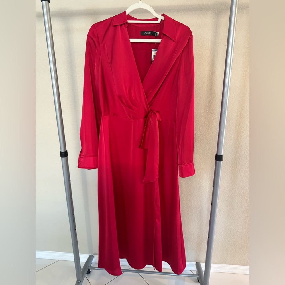 Calvin Klein Satin Red Long-Sleeve Dress